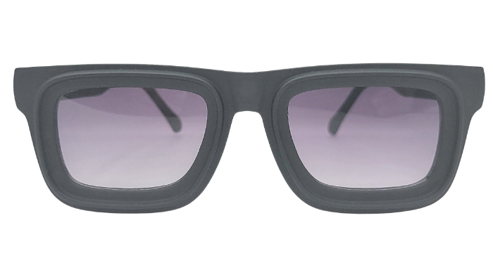 Matte black chunky square sunglasses with purple gradient lenses front view