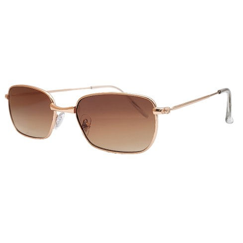 Side angle view of rose gold metal rectangle sunglasses with brown gradient lenses.
