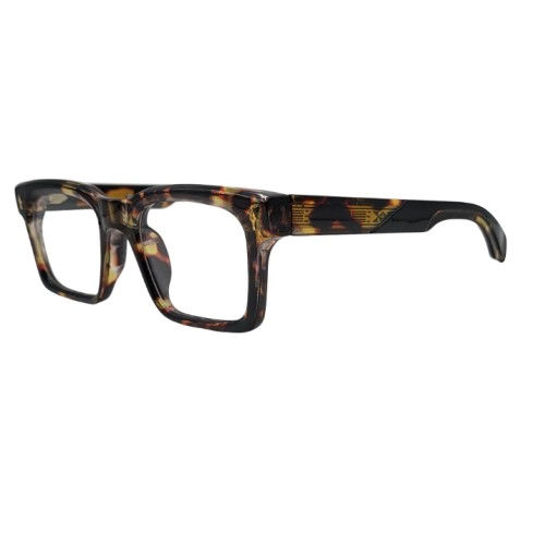 Side angle view of bold tortoiseshell square eyeglasses with structured frame and clear lenses.