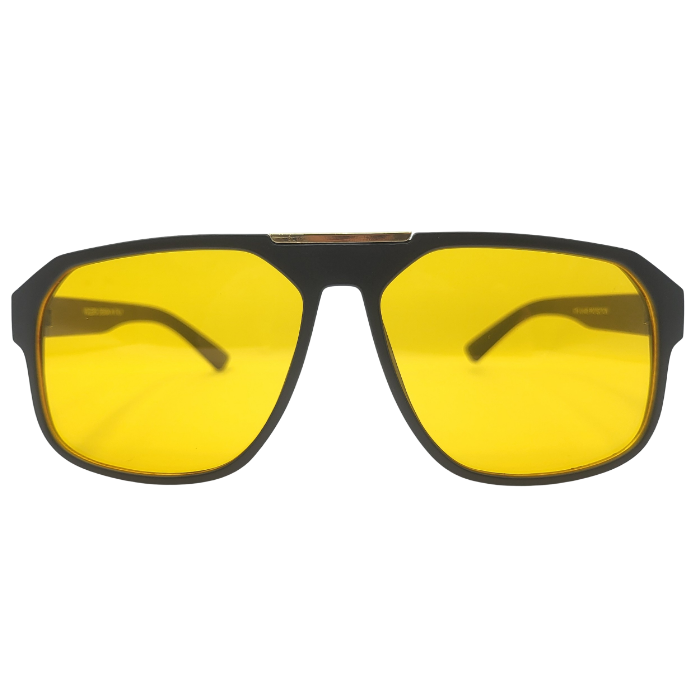 Front view of black square sunglasses with yellow lenses