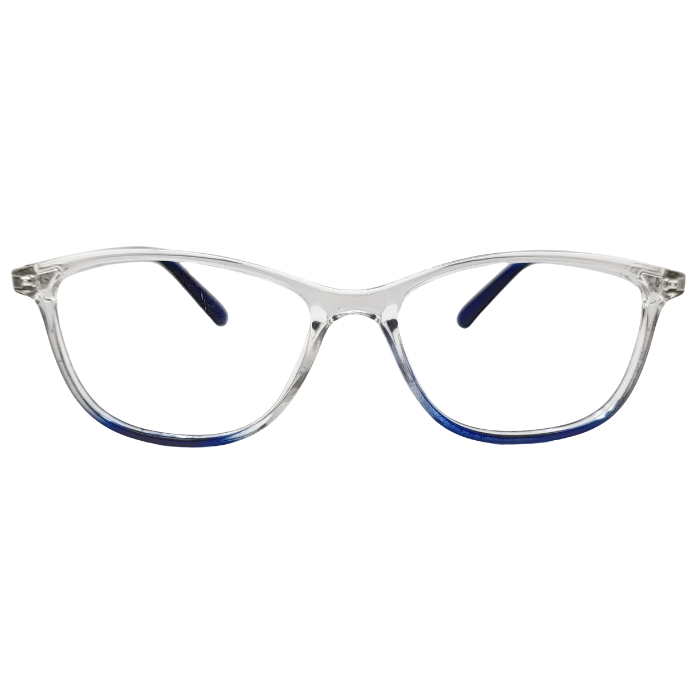 Transparent square eyeglasses with blue accent detailing front view