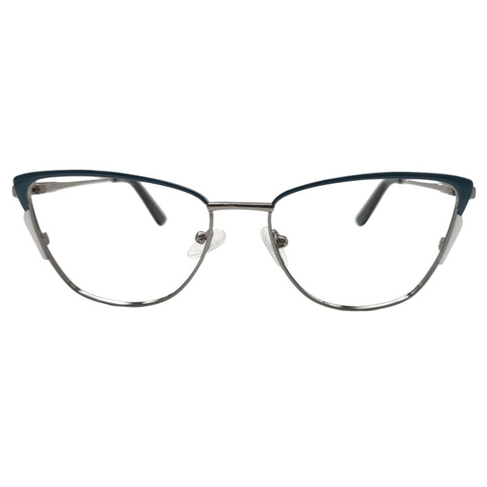 Silver cat eye metal eyeglasses with teal accents front view