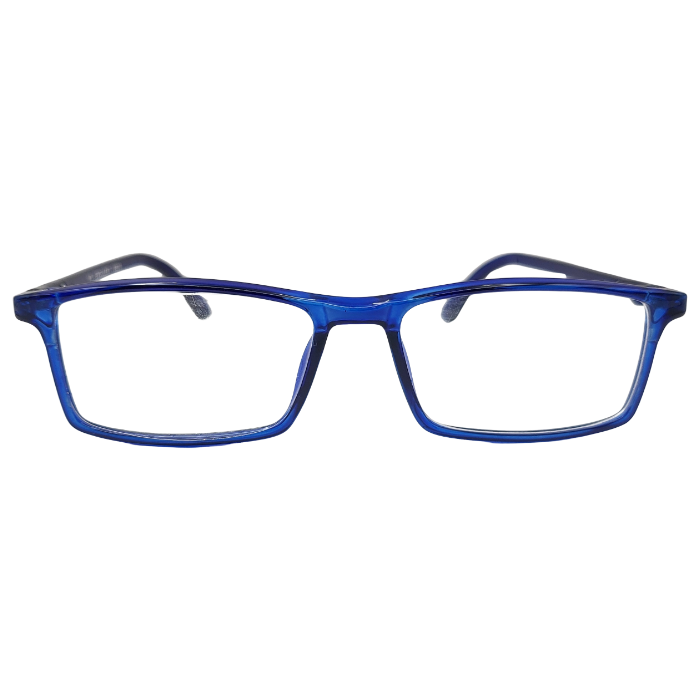 Transparent royal blue rectangular eyeglasses front view