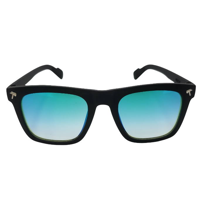 Front view of black square sunglasses with blue gradient lenses