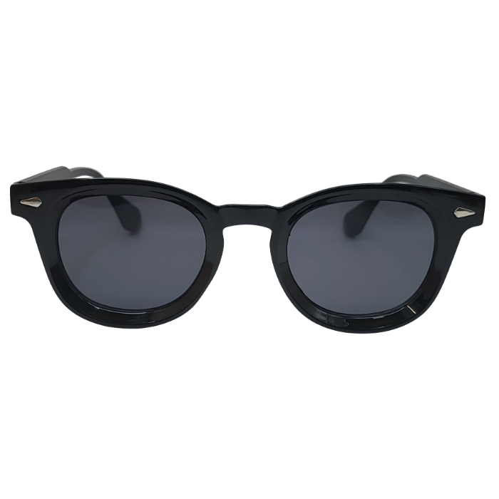 Glossy black round sunglasses with dark grey lenses front view on white background.