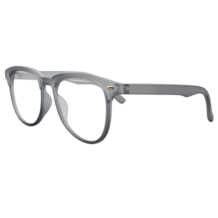 Side angle view of smoke grey translucent square optical eyeglass frame with gold hinge detail.