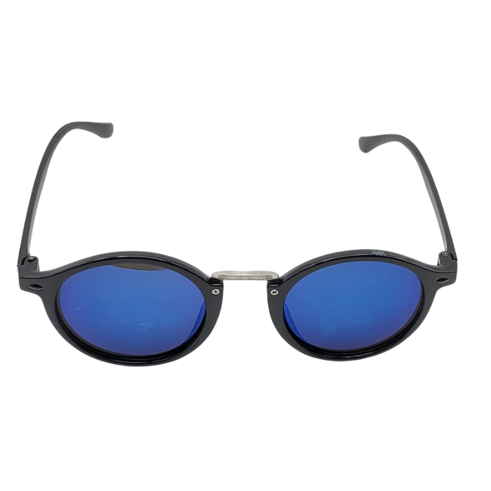 Black round sunglasses with blue mirror lenses front view
