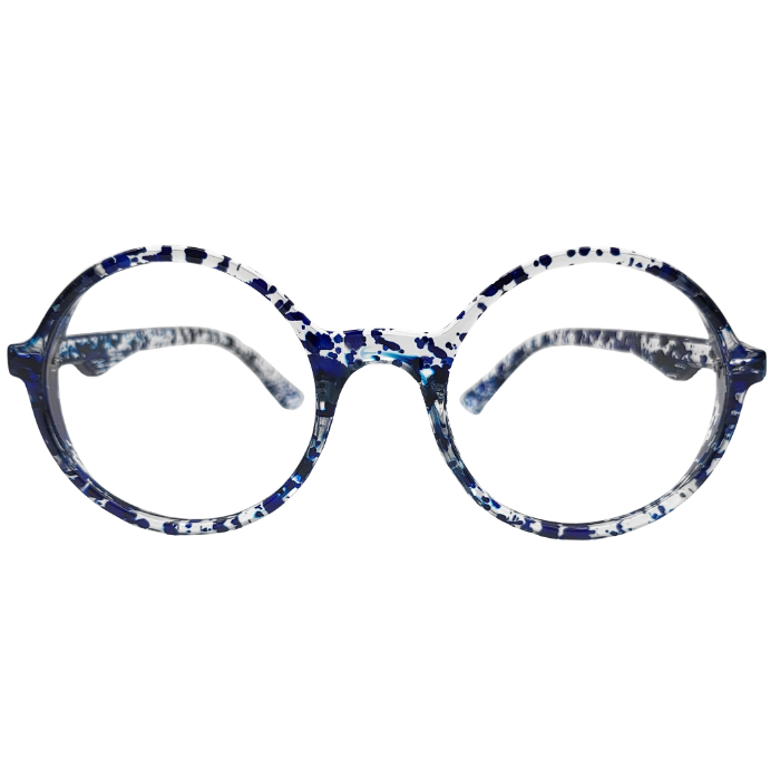 Blue and white abstract round eyeglasses front view