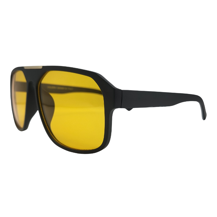 Side view of black square sunglasses with yellow lenses