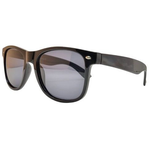 Black frame polarised sunglasses with grey gradient lenses side angle