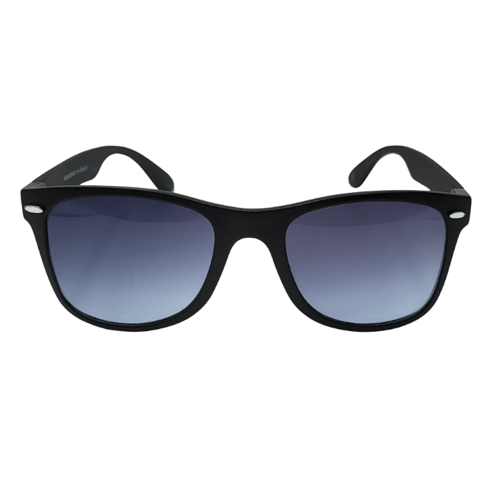 Black wayfarer sunglasses with blue gradient lenses front view