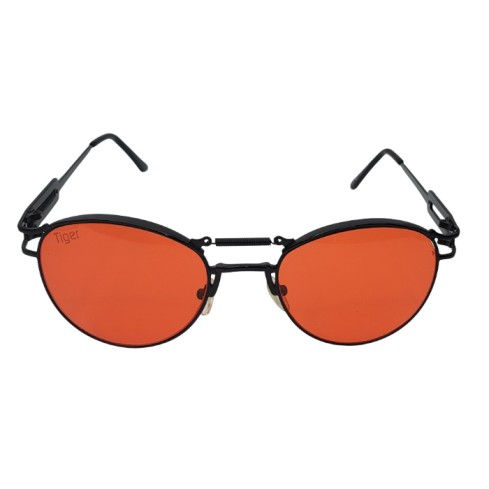 Black round metal sunglasses with red tinted lenses