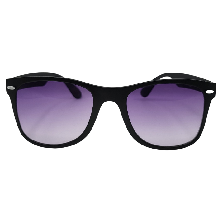 Black wayfarer sunglasses with purple gradient lenses front view
