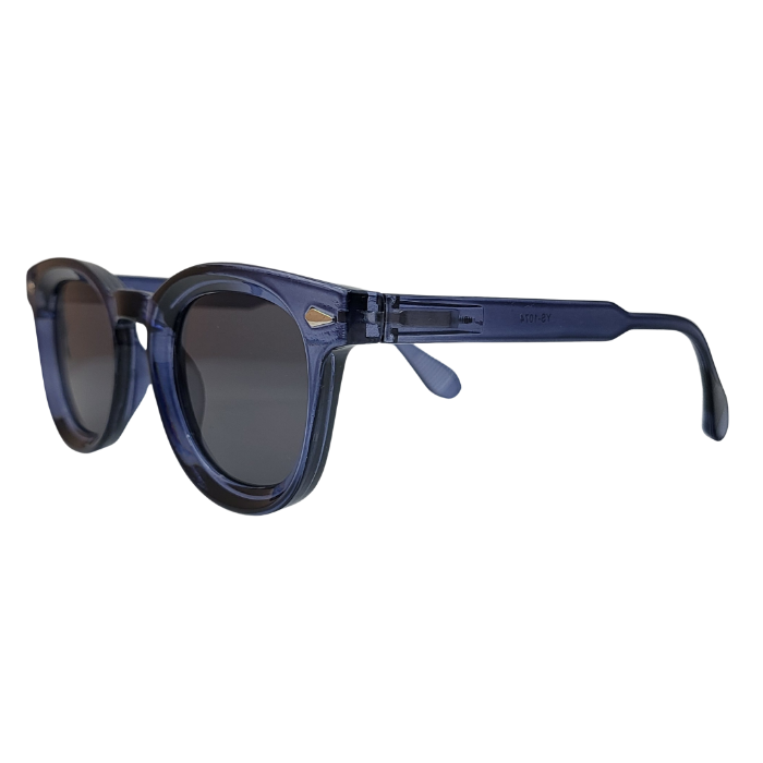 Side angle view of transparent navy blue round sunglasses with dark grey lenses.