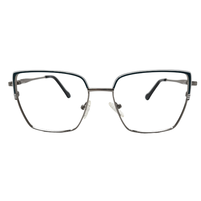 Silver geometric metal eyeglasses with teal detailing front view