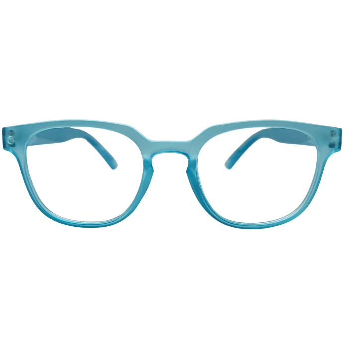 Aqua blue transparent square optical frame front view.