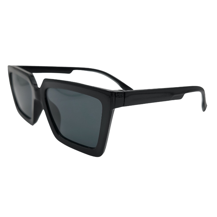 Side view of black cat-eye sunglasses with dark lenses