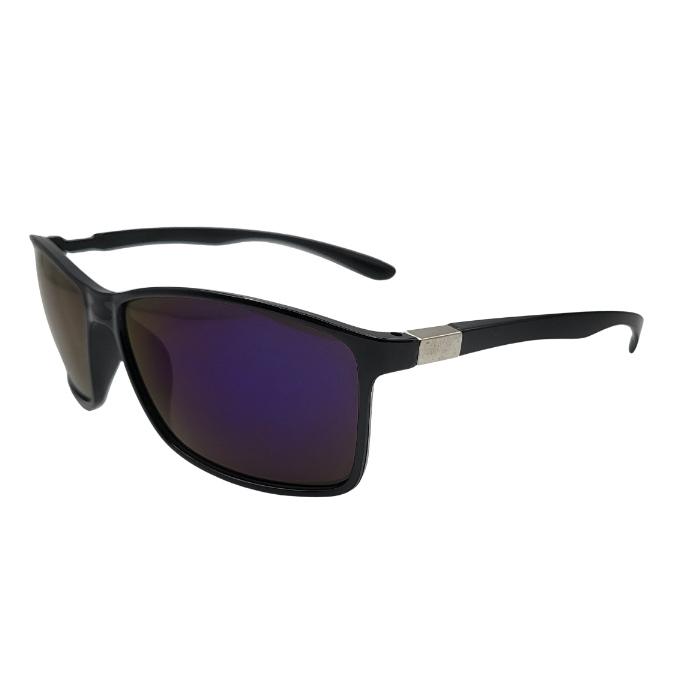 Black sport sunglasses with purple mirror lenses side view