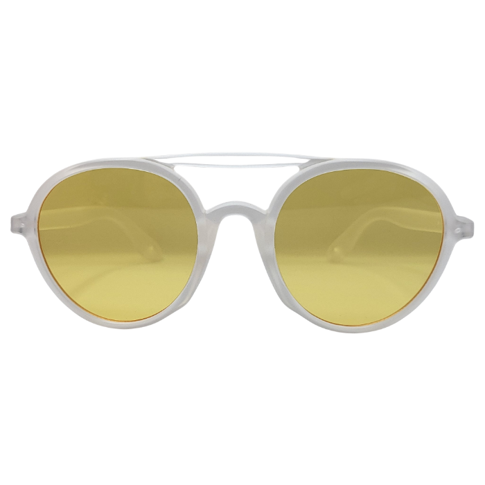 Front view of transparent white round sunglasses with yellow lenses