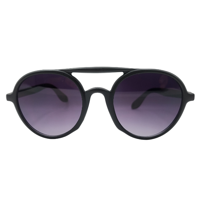 Front view of round black sunglasses with unique bridge and purple gradient lenses