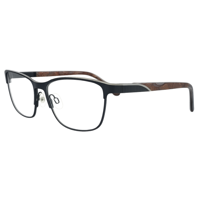 Angled side view of black cat eye eyeglasses with brown patterned temples