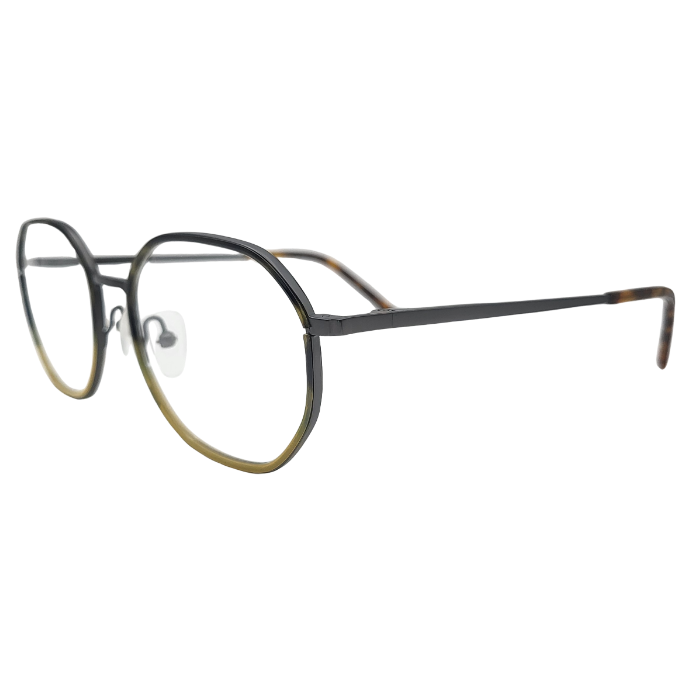 Side view of dual tone black and olive round eyeglasses