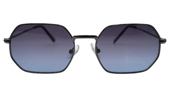Gunmetal square sunglasses with blue gradient lenses front view