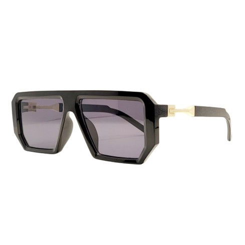 Black angular sunglasses with gold temple detail, side view