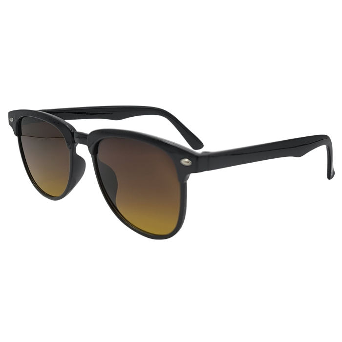 Black round sunglasses with brown gradient lenses side view