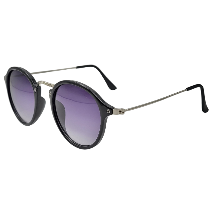 Round black sunglasses with purple gradient lenses side view