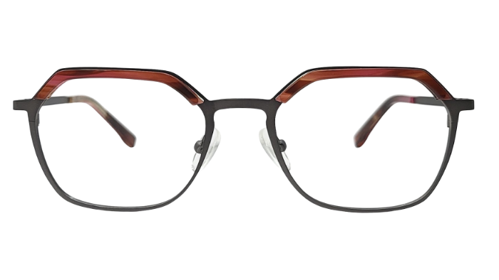 Black metal square eyeglasses with brown accent front view