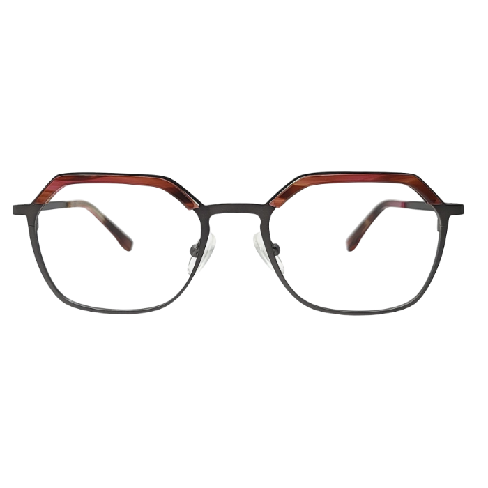Black metal square eyeglasses with brown accent front view