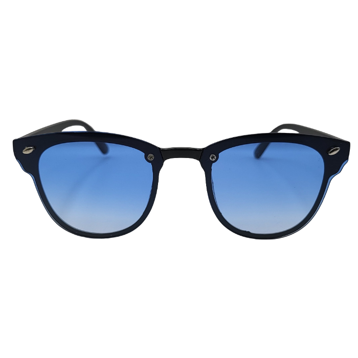 Round black sunglasses with blue lenses front view