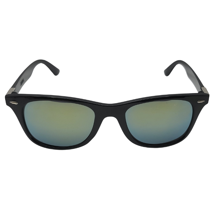 Black wayfarer sunglasses with blue-green mirror lenses front view