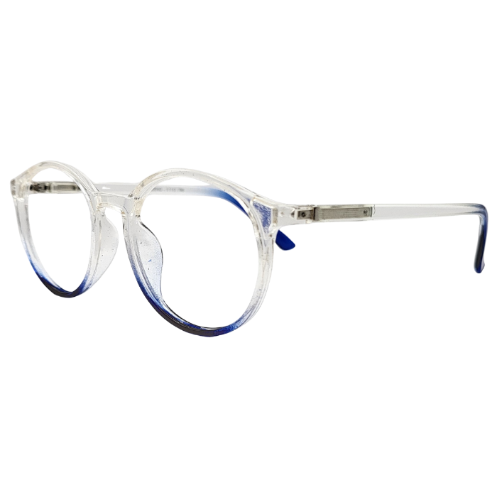 Crystal clear round eyeglasses with blue detailing side view