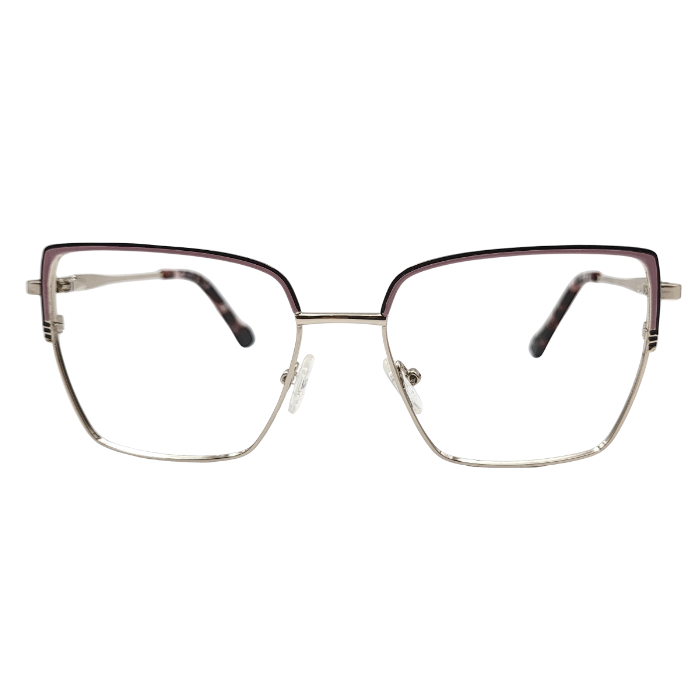 Rose gold geometric eyeglasses with mauve detailing front view