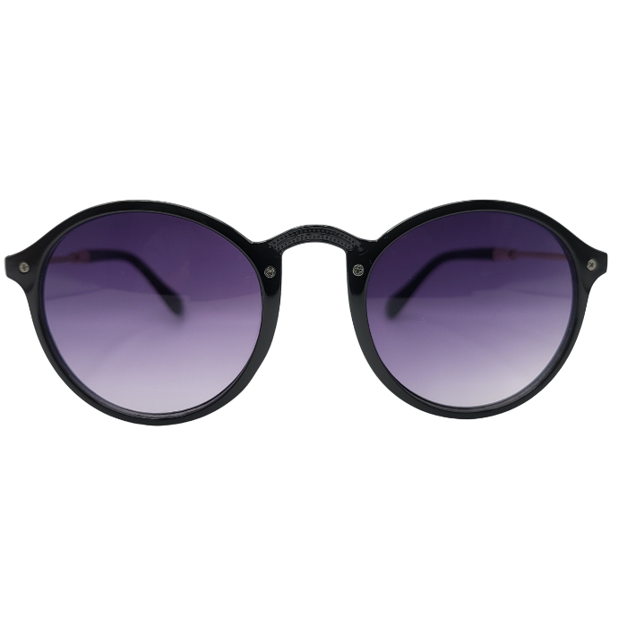 Black round sunglasses with purple gradient lenses front view