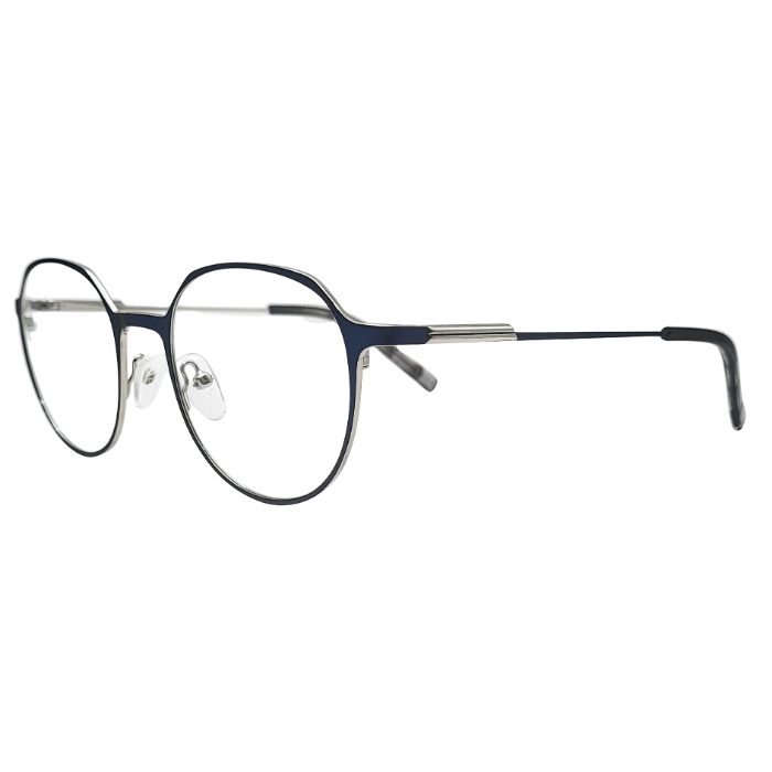 Side view of round blue metal eyeglasses