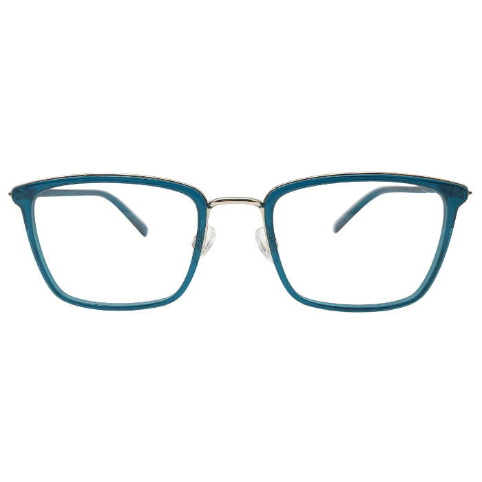 Front view of blue square eyeglasses