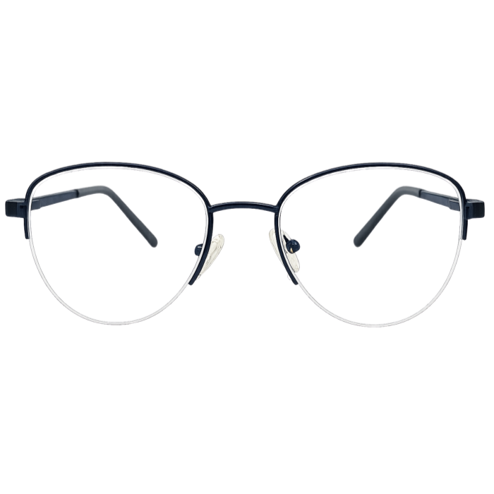 Navy blue and silver round metal eyeglasses front view