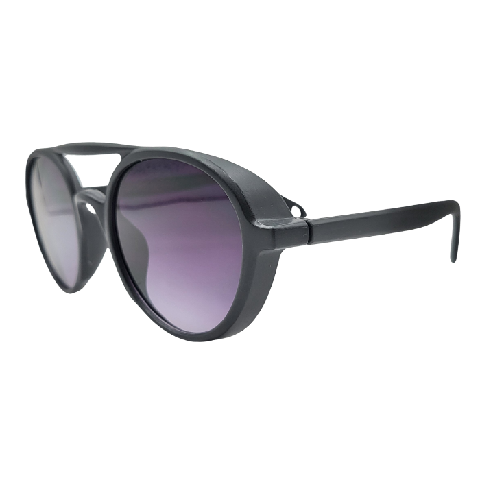 Side view of round black sunglasses with unique bridge and purple gradient lenses
