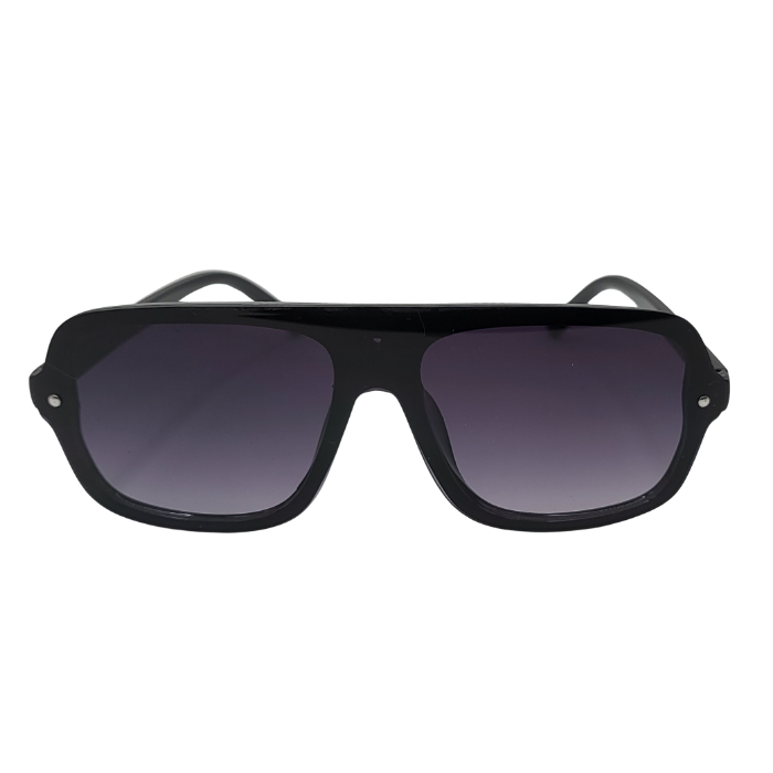 Front view of black square sunglasses with grey gradient lenses