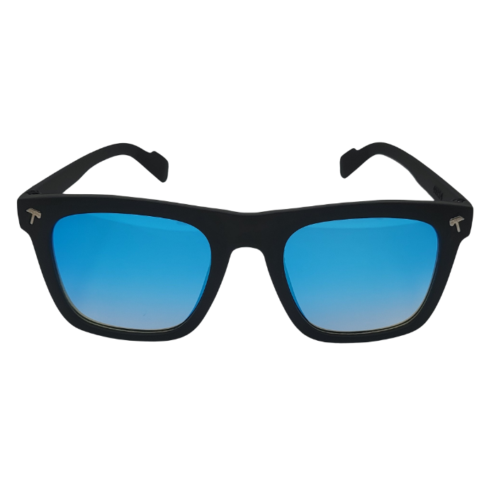 Front view of black square sunglasses with blue reflective lenses