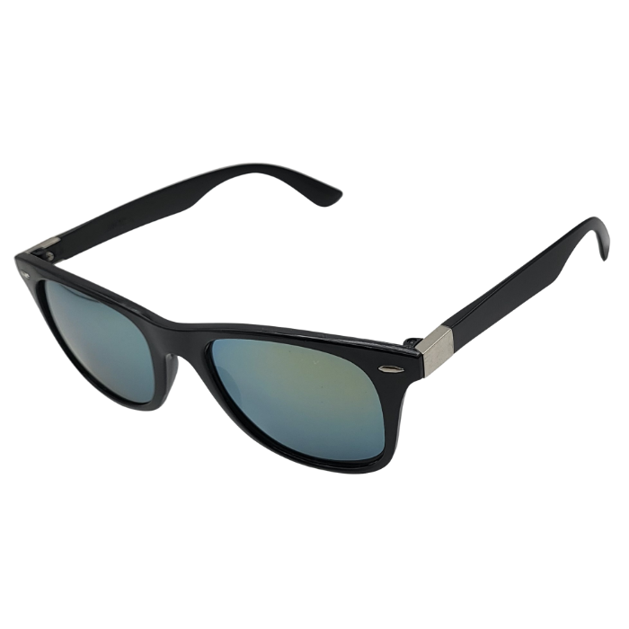 Black wayfarer sunglasses with blue-green mirror lenses side view