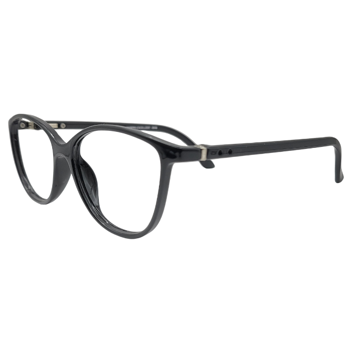 Glossy black round eyeglasses side view