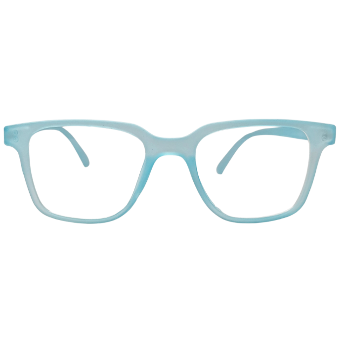 Aqua blue transparent square optical frame front view on white background.