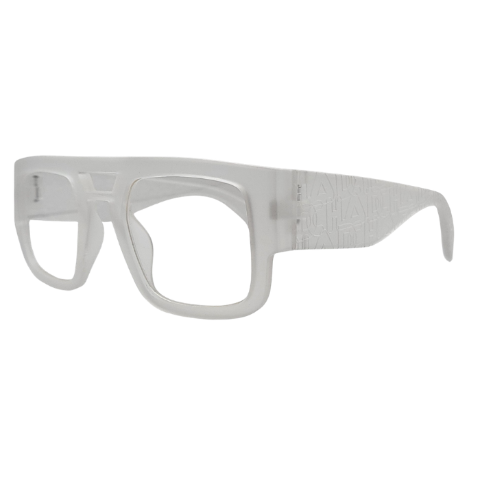 Side angle view of matte translucent grey oversized square optical frame with wide temples.