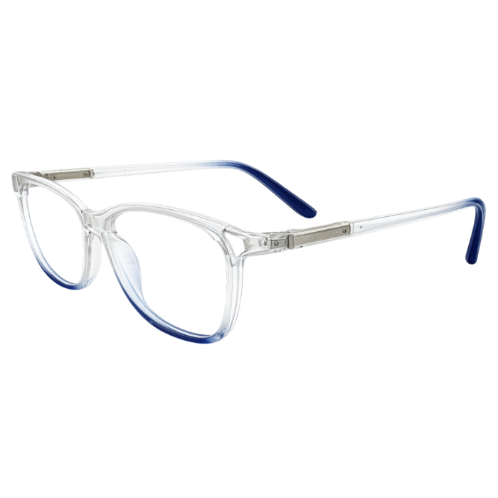Transparent square eyeglasses with blue accent detailing side view