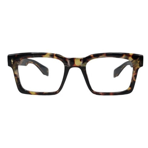 Bold tortoiseshell square frame glasses with clear lenses front view on white background.