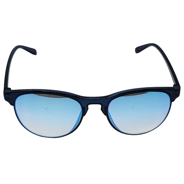 Transparent blue rectangular sunglasses with blue gradient lenses front view